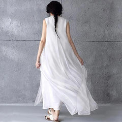 Maxi Dress Women Embroidered Organza Tank Cotton Linen Vintage Sundress Beach Casual Summer Dress