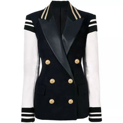 Blazer Women Classic Academia Double Breasted Button Leather Sleeve Patchwork Chic Fashion Jacket
