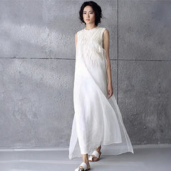 Maxi Dress Women Embroidered Organza Tank Cotton Linen Vintage Sundress Beach Casual Summer Dress