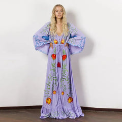 Maxi Dress Women Summer Bohemian Floral Embroidery Tassel Vintage Casual Beach Party Dress