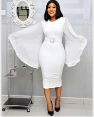 Midi Dress Women Elegant Chiffon Flare Sleeve Bodycon Belt Evening Cocktail Party Dress