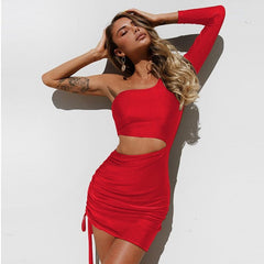 One Shoulder Long Sleeve Mini Dress Women Ruched Waist Hollow Out Club Party Chic Fashion Dress