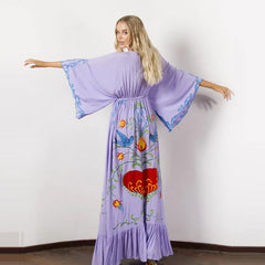 Summer Bohemian Dress Floral Embroidery with Tassel Vintage Maxi Dress