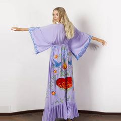 Maxi Dress Women Summer Bohemian Floral Embroidery Tassel Vintage Casual Beach Party Dress