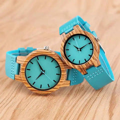 Luxurious Royal Blue Wooden Watch Quartz Wristwatch 100% Natural Bamboo Fashion Leather Band Makes great Gift