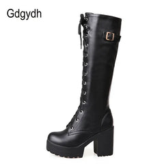 Knee High Boots Women Gothic Lace Faux Leather Chic Elegant Fashion Shoes