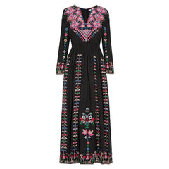 Maxi Dress Women Bohemian Embroidered Pattern V-Neck Holiday Travel Beach Casual Summer Dress