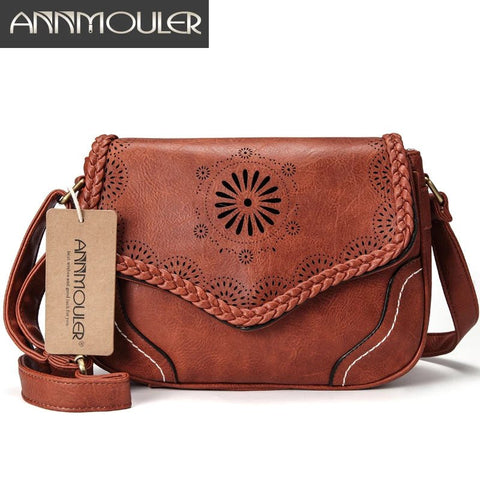 Shoulder Bag Women Vintage PU Leather Brown Hollow Out Crossbody Satchel Retro Handbag Purse