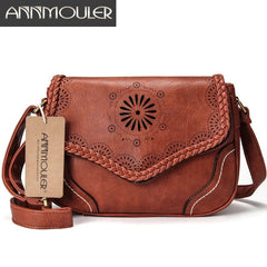 Shoulder Bag Women Vintage PU Leather Brown Hollow Out Crossbody Satchel Retro Handbag Purse