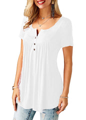Button Pleated Tunic Top Women V-Neck Short Sleeve Long Loose Casual Everyday Summer Fashion