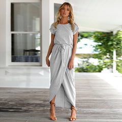 Oversized Midi Dress Women Chic O-Neck Short Sleeve Elegant Party Casual Fashion Dress