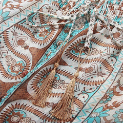 Midi Dress Women Boho Vintage Floral Print Chiffon 3/4 Sleeve V-Neck Slit Summer Hippie Fashion