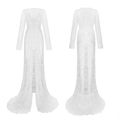 Maxi Dress Women Long Lace Front Split Sheer Transparent Ball Gown Prom Photography Party Dress