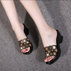 Rhinestone Wedge Sandals Women Genuine Leather Slides Casual Elegant Summer Beach Vacation Shoes