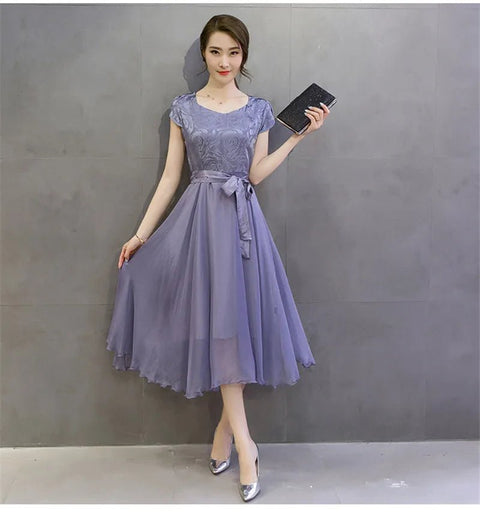 Midi Dress Women V-Neck Short Sleeve Slim Solid Silk Elegant Office Business Evening Spring Summer