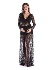 Maxi Dress Women Long Lace Front Split Sheer Transparent Ball Gown Prom Photography Party Dress