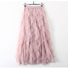 Ruffle Tulle Midi Skirt Women Elegant Tutu Pleated Casual Spring Summer Party Fashion Skirt