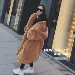 Oversized Faux Fur Parka Women Long Warm Vegan Fur Hooded Winter Casual Outerwear Fashion