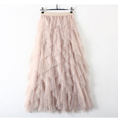 Ruffle Tulle Midi Skirt Women Elegant Tutu Pleated Casual Spring Summer Party Fashion Skirt