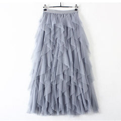 Ruffle Tulle Midi Skirt Women Elegant Tutu Pleated Casual Spring Summer Party Fashion Skirt
