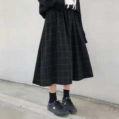 High Waist A-Line Skirt Women Dark Academia Japanese Style Long Pleated Elastic Casual Fashion