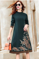 Long Sleeve Knit Midi Dress Women Embroidered Thin Round Neck Elegant Casual Winter Fashion