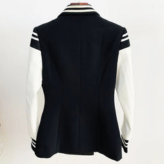 Blazer Women Classic Academia Double Breasted Button Leather Sleeve Patchwork Chic Fashion Jacket