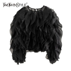 Blouse Women Vintage Patchwork Ruffle Lace O-Neck Lantern Long Sleeve Solid Elegant Chic Top Shirt