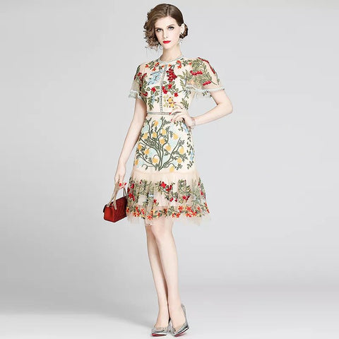 Mini Dress Women Flare Sleeve Floral Embroidery Elegant Mesh Hollow Out Designer Inspired Summer Dress