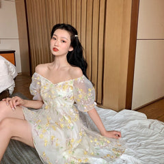 Puff Sleeve Lace Chiffon Midi Dress Women French Fairy Daisy Sage Elegant Casual Summer Fashion