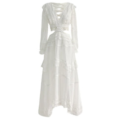 Long Sleeve Chiffon Maxi Dress Women Hollow Out Bandaged Back Beach Casual Summer Fashion
