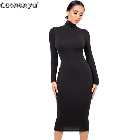 Turtleneck Midi Dress Women Black Long Sleeve Skinny Bodycon Party Clubwear Autumn Winter Fashion