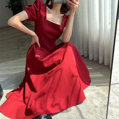 Puff Sleeve Vintage Midi Dress Women Casual Short Sleeve Elegant Spring Summer Fashion Dress
