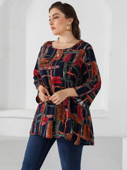 Plus Size Blouse Women Three Quarter Sleeve Colorful Print Casual Long Loose Oversized Fashion Top