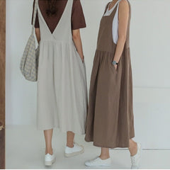 Plus Size Cotton Linen Maxi Dress Women Sleeveless Robe Pockets Casual Comfortable Fashion