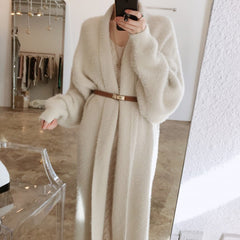 Wool Cashmere Cardigan Women Long Soft Loose Knitwear Over-the-Knee Elegant Winter Fashion Coat