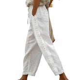Women's Elegant Embroidered Lace Straight Summer Pants Drawstring Elastic Waist w/ Pockets Beach Capris