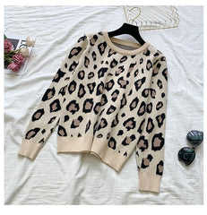 Pant Set Women 2-Piece Designer Knit Leopard Pullover Sweater Elastic Waist Sweat Pants Leisure Outfit
