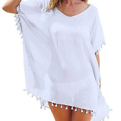 Swimsuit Cover Up Women Chiffon Tassel Loose Solid Beach Wear Bathing Suit Summer Swimwear