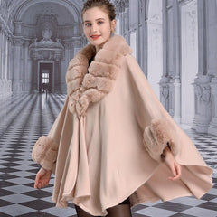 Faux Fur Collar Cape Cardigan Women Cashmere Rabbit Fur Big Striped Knitted Party Elegant Fashion