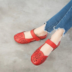 Sandals Women Genuine Leather Hollow Out Breathable Soft Flat Buckle Strap Casual Summer Shoes