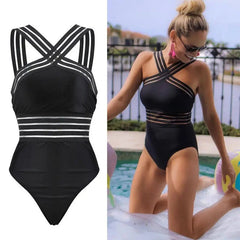 One-Piece Swimsuit Women Black Striped Bandage Push Up Triangle Beach Bathing Suit Swimwear Summer