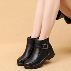 Ankle Boots Women PU Vegan Leather Thick Plush Warm Snow Winter Chic Casual Cold Weather Shoes