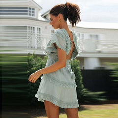 V-Neck Lace Tie-Up Mini Dress Women Cotton Batwing Sleeve Casual Summer Sundress Fashion