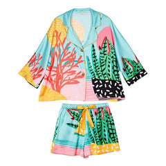 Silky Pajama Set Women Top Pants Home Wear Loungewear Nightwear Casual Comfortable Fashion