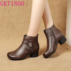 Ankle Boots Women Thick Heel Handmade Genuine Leather Flower Zipper Plush Lining Retro Warm Autumn