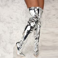 Above Knee Boots Women Mirror Shiny Pointy Toe Stiletto High Heel Silver Elegant Fashion Shoes
