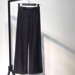 Sequin-Embellished Wide-Leg Silver Pants Elastic Waist Luxurious Style Women's Trousers