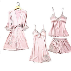 Satin Lace Pajama Set Women 2-5 Piece Night Robe Gown Sleepwear Casual Loungewear Fashion