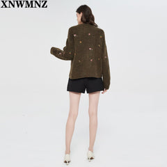 Embroidered Knit Cardigan Women Vintage V-Neck Fall Winter Casual Elegant Fashion Sweater
